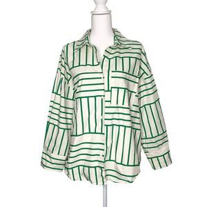 Taelynn Green White Striped Long Sleeve Button Front Shirt Top Large